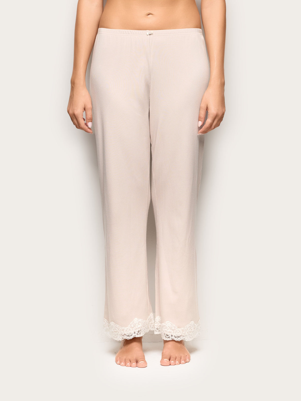 Yamamay Basic Modal Cotton Ribbed Trousers with Lace in Beige – front model view