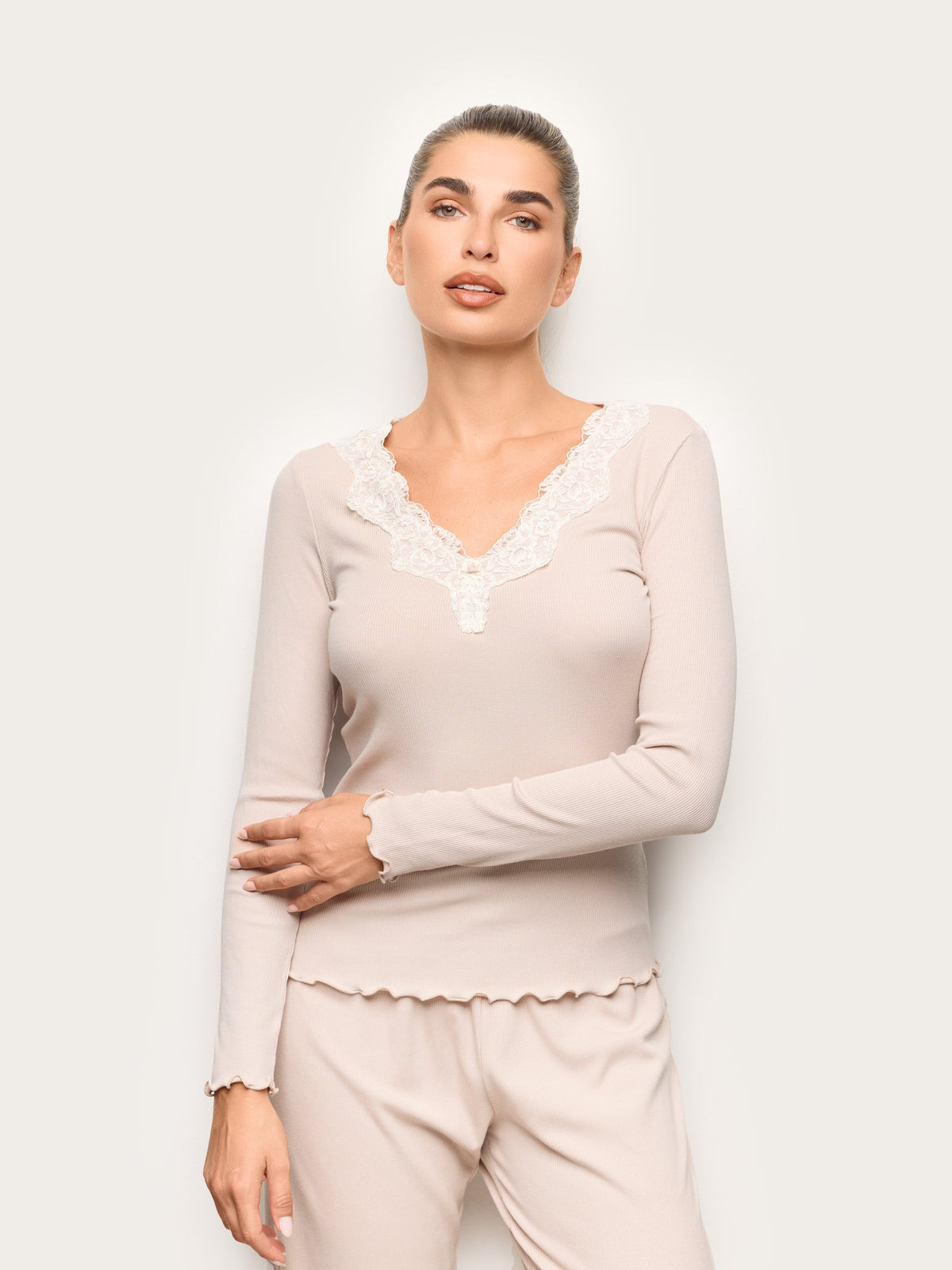 Yamamay women's Basic Modal Cotton ribbed long-sleeve top with lace in Beige – front view