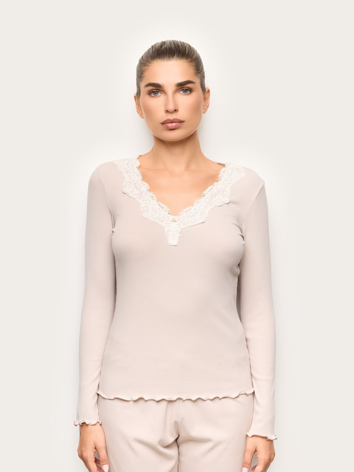 Yamamay women's Basic Modal Cotton ribbed long-sleeve top with lace in Beige – front view