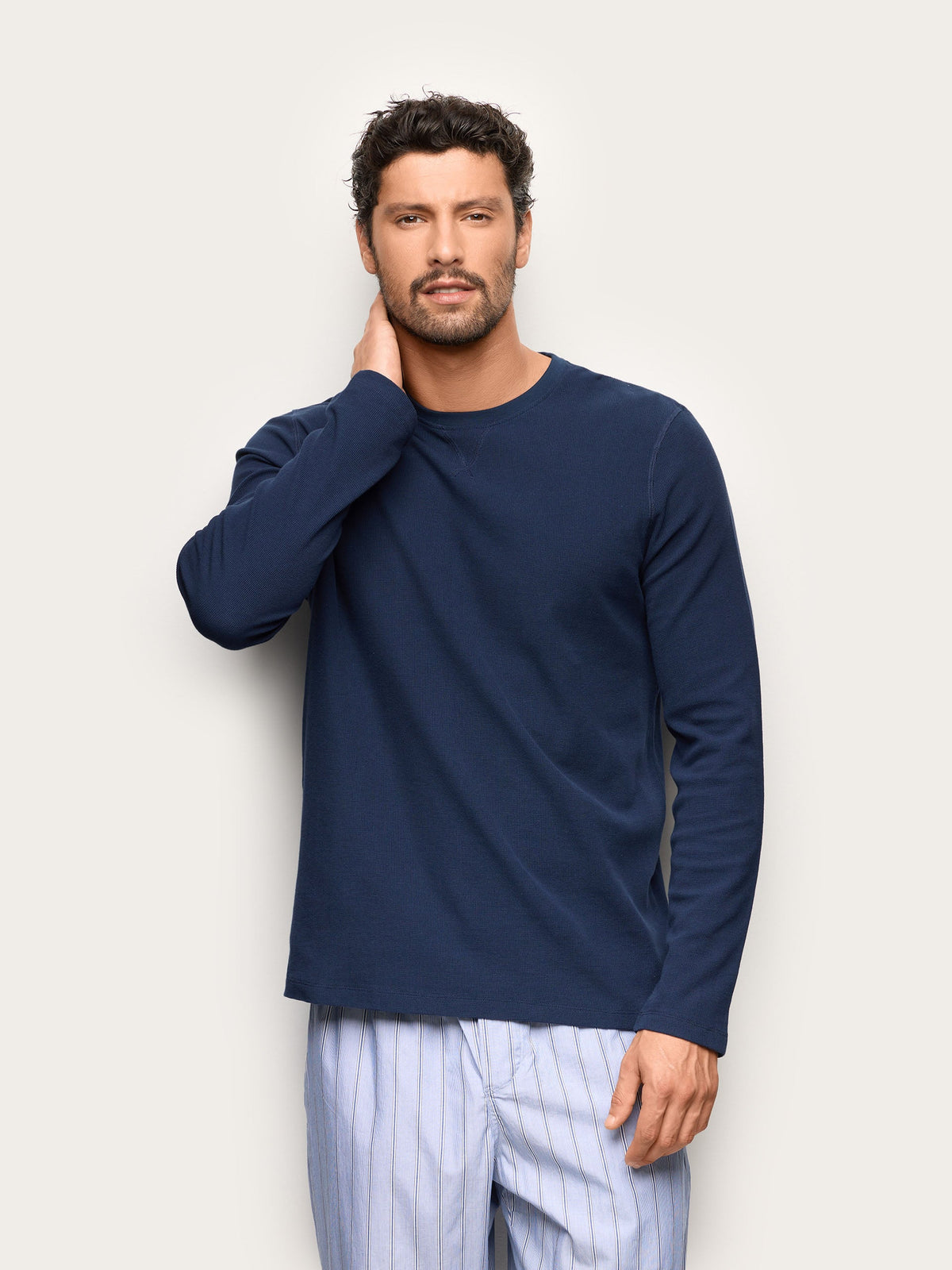 Yamamay men's Mix & Match waffle long-sleeve T-shirt in Oil Blue – front view