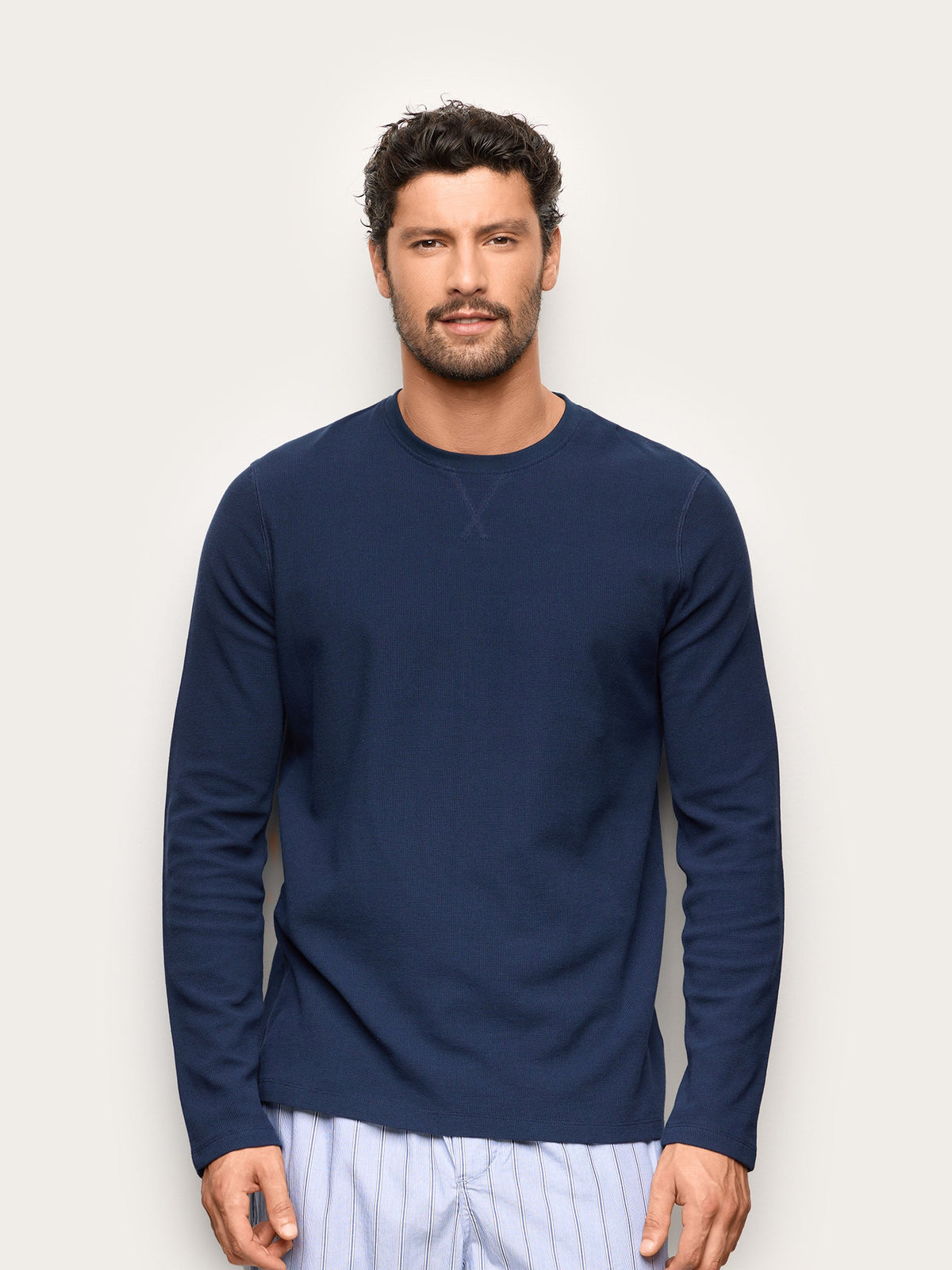 Yamamay men's Mix & Match waffle long-sleeve T-shirt in Oil Blue – front view