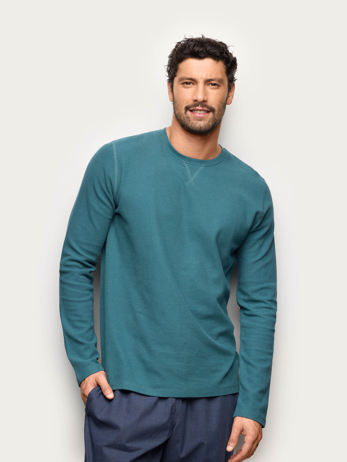 Yamamay men's Mix & Match waffle long-sleeve T-shirt in Night Blue – front view
