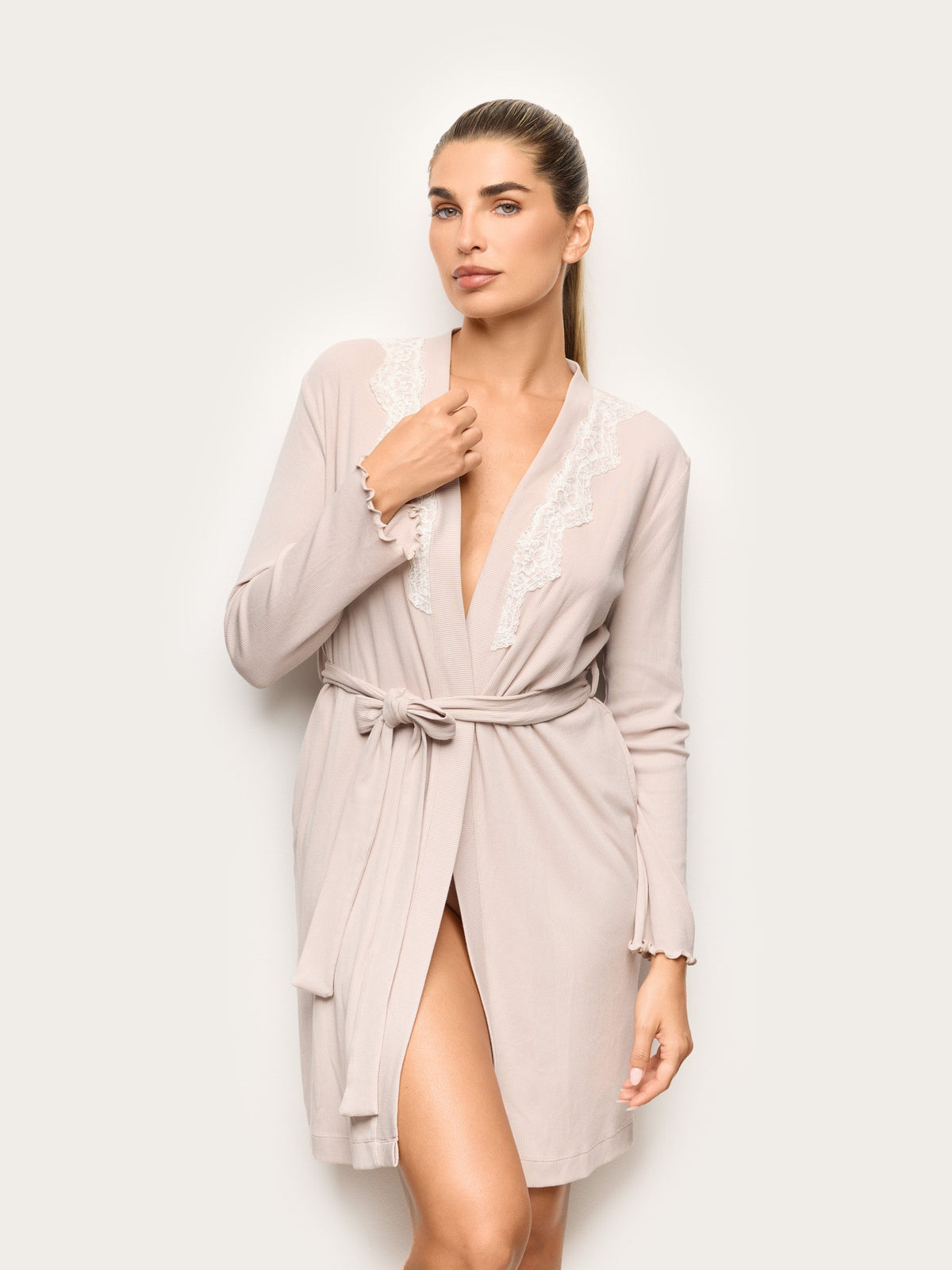 Yamamay Basic Modal Cotton Ribbed Robe with Lace in Beige – front view