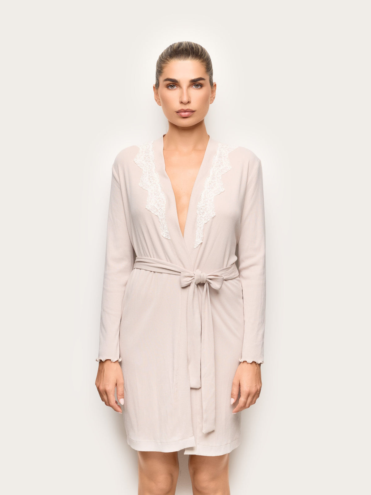 Yamamay Basic Modal Cotton Ribbed Robe with Lace in Beige – front view